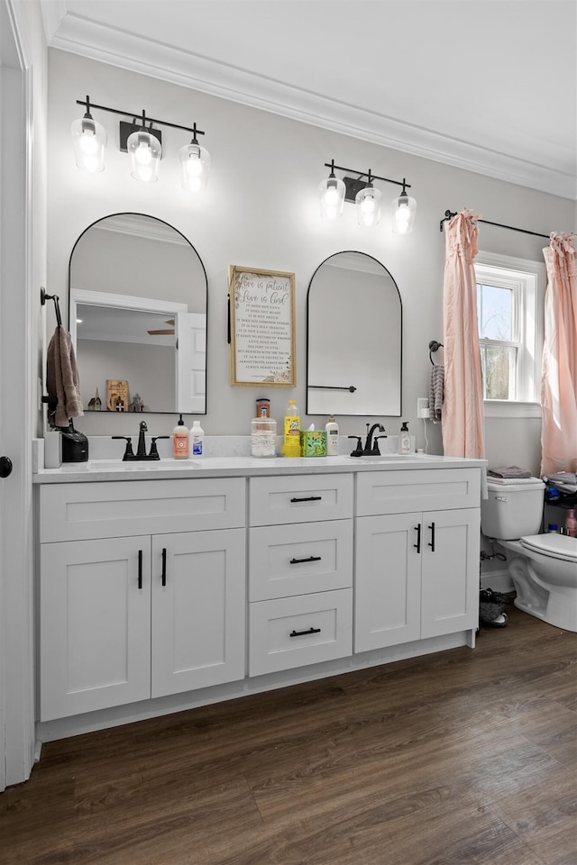 3914 Dogwood Valley Rd, Tunnel Hill, GA 30755 - bathroom with a sink, ornamental molding, and wood finished floors