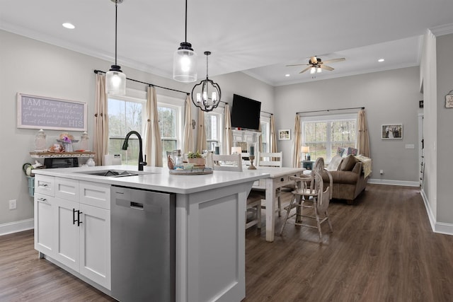 3914 Dogwood Valley Rd, Tunnel Hill, GA 30755 - kitchen with open floor plan, ornamental molding, a sink, dishwasher, and white cabinets