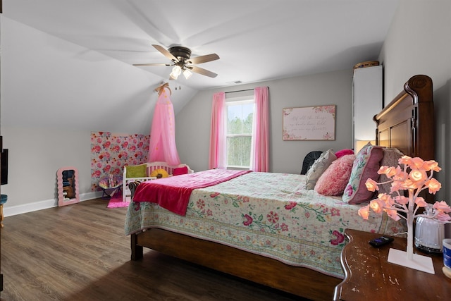 3914 Dogwood Valley Rd, Tunnel Hill, GA 30755 - bedroom featuring vaulted ceiling, wood finished floors, baseboards, visible vents, and ceiling fan