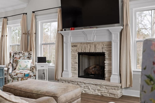 3914 Dogwood Valley Rd, Tunnel Hill, GA 30755 - living area with ornamental molding, baseboards, a fireplace, and wood finished floors
