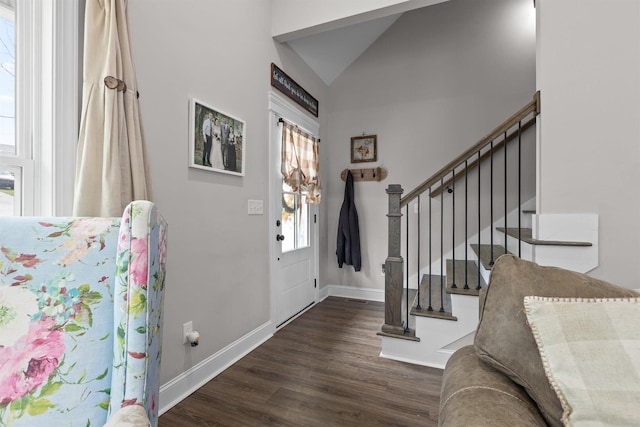 3914 Dogwood Valley Rd, Tunnel Hill, GA 30755 - entryway with stairs, baseboards, vaulted ceiling, and wood finished floors