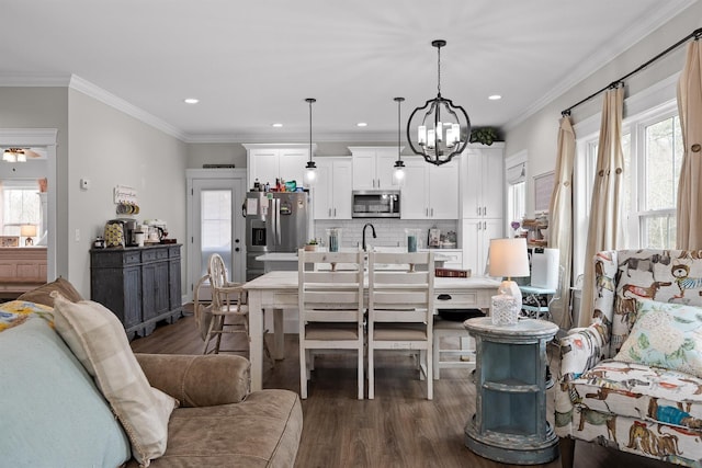 3914 Dogwood Valley Rd, Tunnel Hill, GA 30755 - dining area featuring ornamental molding, dark wood-style flooring, a notable chandelier, and recessed lighting