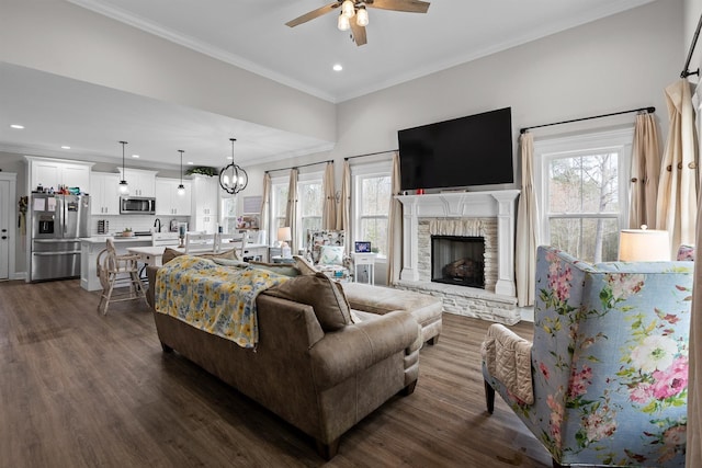 3914 Dogwood Valley Rd, Tunnel Hill, GA 30755 - living room with plenty of natural light, crown molding, ceiling fan, and dark wood-style flooring