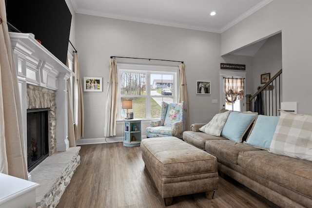 3914 Dogwood Valley Rd, Tunnel Hill, GA 30755 - living area with baseboards, ornamental molding, wood finished floors, and a stone fireplace