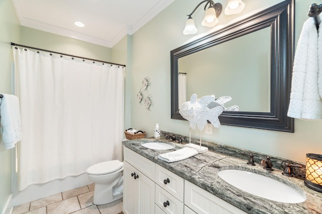 full bathroom featuring toilet, vanity, tile patterned flooring, shower / tub combo, and ornamental molding