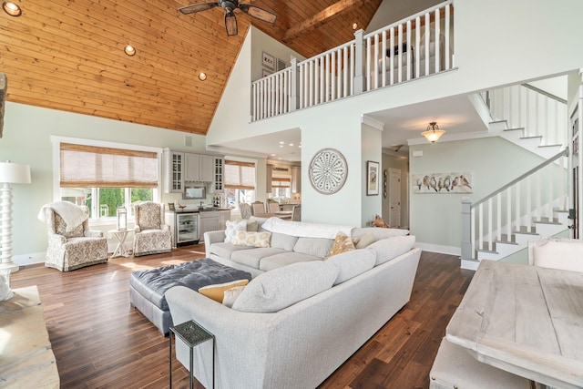 living room with high vaulted ceiling, dark wood-type flooring, beverage cooler, and wooden ceiling