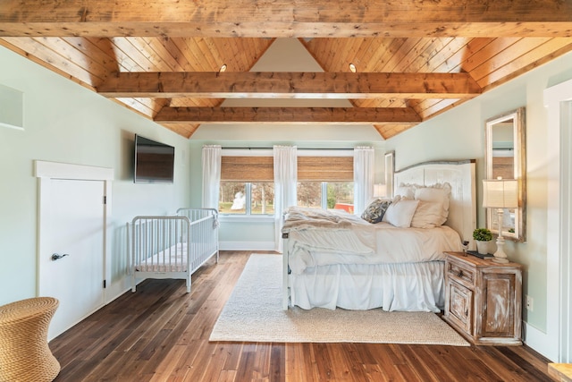 unfurnished bedroom with lofted ceiling with beams, dark hardwood / wood-style flooring, and wooden ceiling