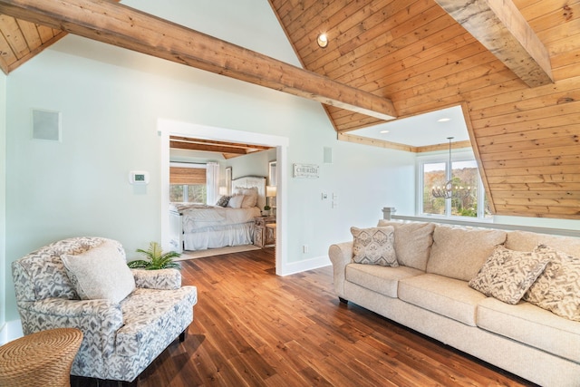 living room with high vaulted ceiling, wood-type flooring, beamed ceiling, and wooden ceiling