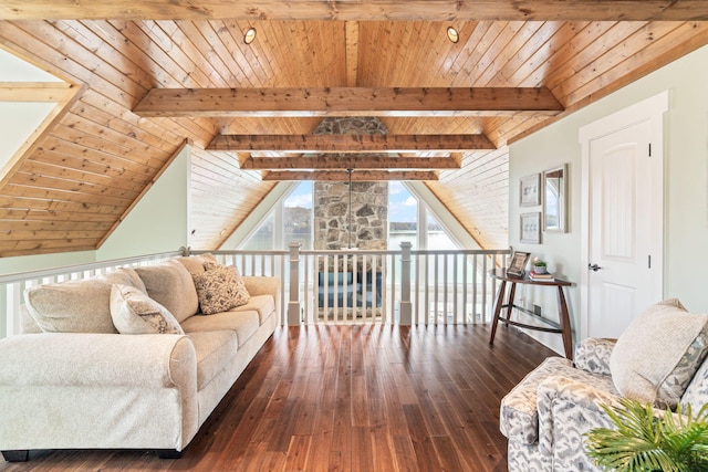 living room with dark wood-type flooring, wooden ceiling, and vaulted ceiling with beams