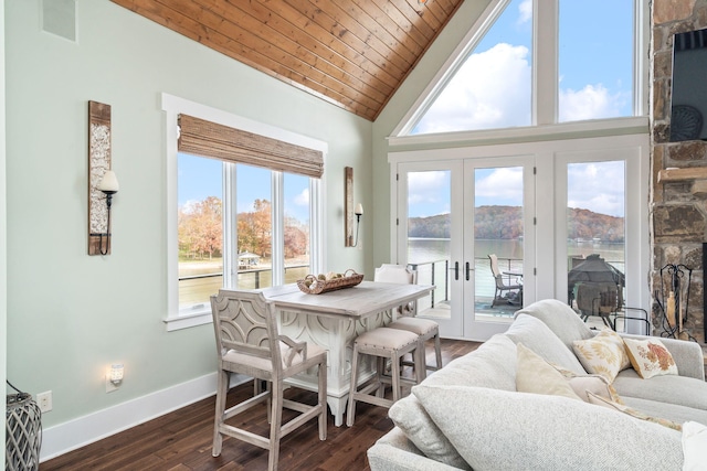 sunroom / solarium with vaulted ceiling, wood ceiling, a water view, and french doors