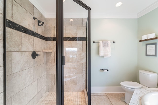 bathroom with sink, toilet, walk in shower, and crown molding