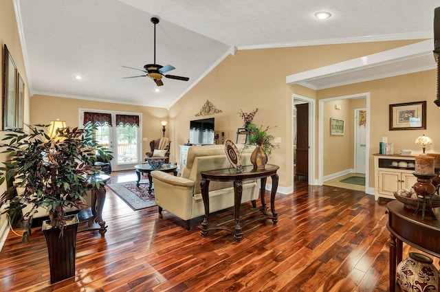 135 Charles Cir SE, Cleveland, TN 37323 - living area featuring a ceiling fan, dark wood-type flooring, lofted ceiling, and ornamental molding