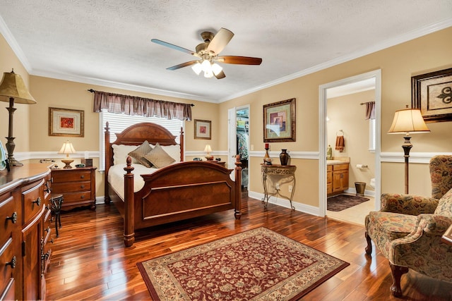 135 Charles Cir SE, Cleveland, TN 37323 - bedroom with dark wood finished floors, connected bathroom, a textured ceiling, crown molding, and a ceiling fan