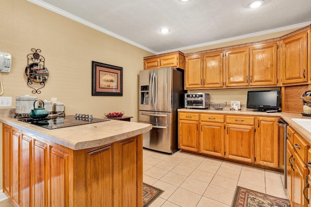 135 Charles Cir SE, Cleveland, TN 37323 - kitchen with appliances with stainless steel finishes, light countertops, crown molding, light tile patterned flooring, and brown cabinets