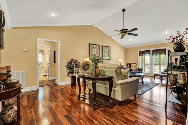135 Charles Cir SE, Cleveland, TN 37323 - living area with ornamental molding, ceiling fan, lofted ceiling, and dark wood-type flooring
