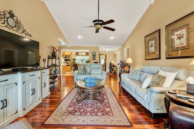 135 Charles Cir SE, Cleveland, TN 37323 - living area with ceiling fan, dark wood-type flooring, high vaulted ceiling, and ornamental molding