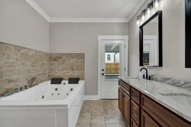 bathroom with a tub to relax in, crown molding, and vanity