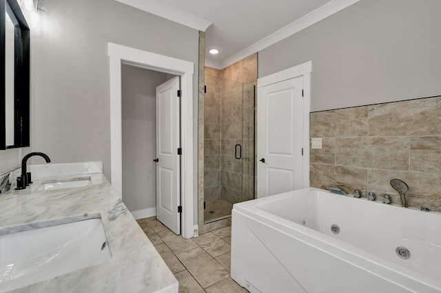 bathroom featuring plus walk in shower, tile patterned flooring, vanity, and ornamental molding