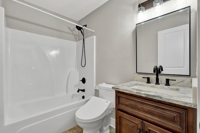 full bathroom with bathtub / shower combination, vanity, and toilet