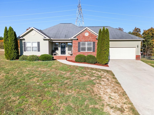 single story home with a shingled roof, a front lawn, concrete driveway, a garage, and brick siding