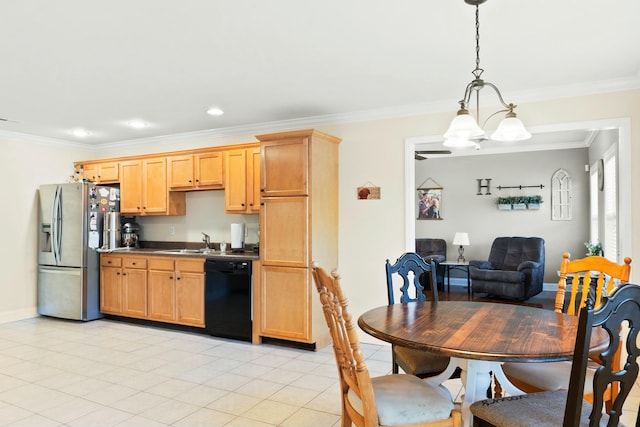 kitchen featuring a sink, dishwasher, stainless steel refrigerator with ice dispenser, and crown molding