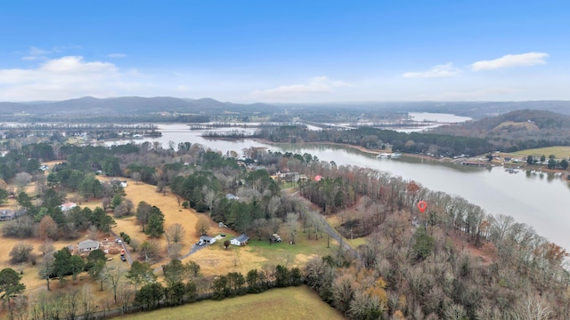 birds eye view of property featuring a water and mountain view