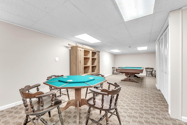 recreation room featuring carpet flooring, a paneled ceiling, and billiards