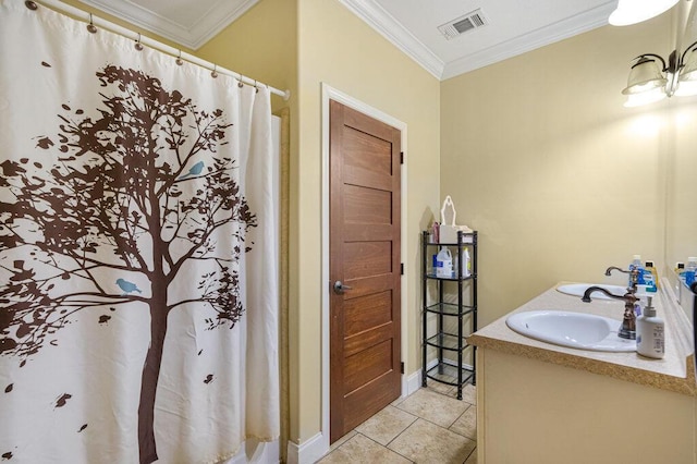 bathroom with crown molding, curtained shower, vanity, and tile patterned floors