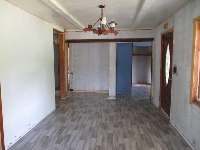 unfurnished dining area with a notable chandelier and dark hardwood / wood-style floors