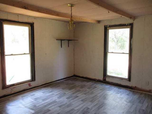 empty room with beam ceiling and hardwood / wood-style floors