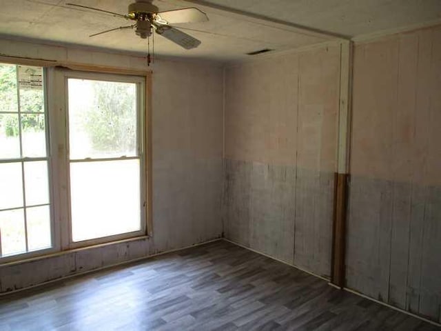 empty room with ceiling fan and hardwood / wood-style floors