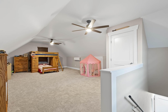 game room featuring vaulted ceiling and carpet flooring