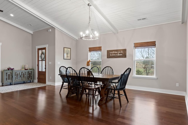 dining room with an inviting chandelier, wooden ceiling, dark wood-type flooring, high vaulted ceiling, and beamed ceiling