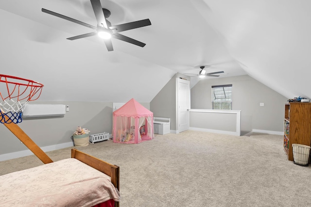 carpeted bedroom featuring ceiling fan and vaulted ceiling