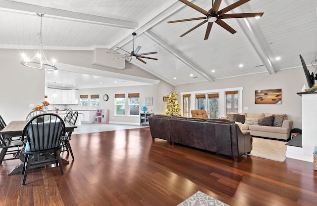 living room featuring vaulted ceiling with beams, dark hardwood / wood-style floors, wood ceiling, and ceiling fan with notable chandelier