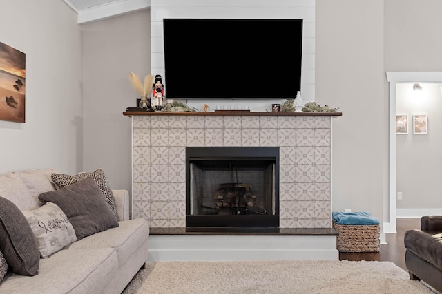 living room featuring a fireplace and wood-type flooring