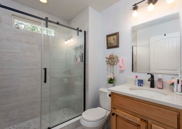 bathroom with vanity, toilet, and a shower with shower door