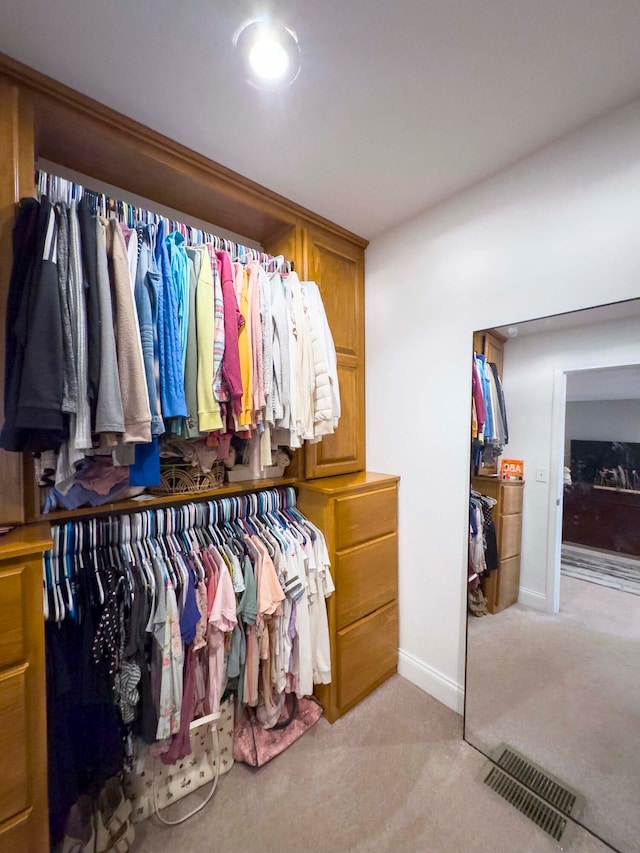 spacious closet featuring light colored carpet