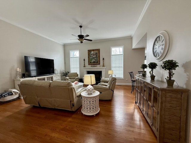 living room featuring ceiling fan, crown molding, and dark hardwood / wood-style flooring