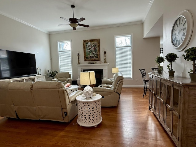 living room featuring crown molding, wood-type flooring, and ceiling fan