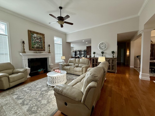 living room with crown molding, ceiling fan, dark hardwood / wood-style floors, and decorative columns