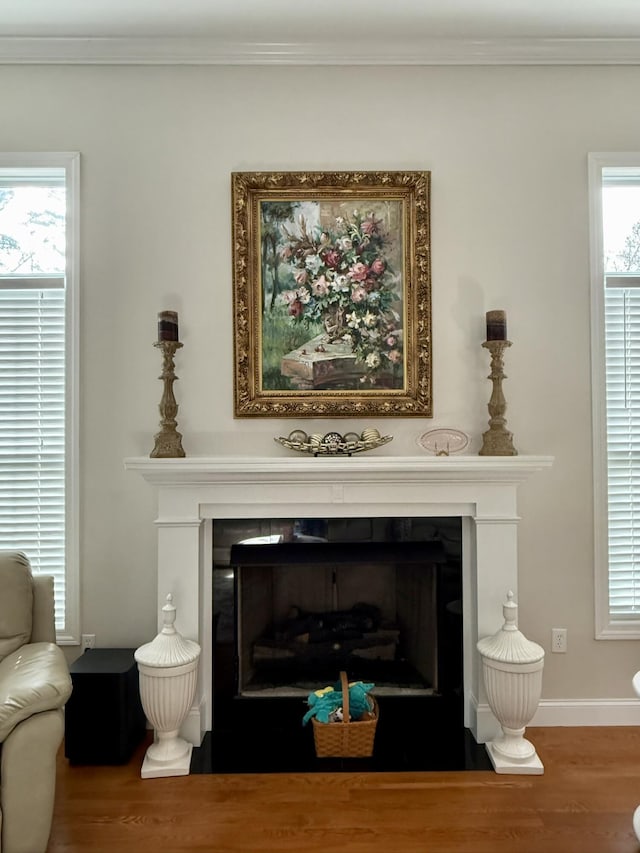 room details with hardwood / wood-style floors and crown molding