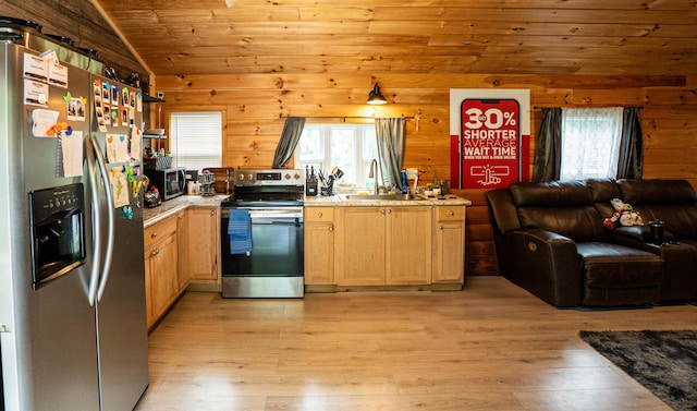 9465 N Hickory Valley Rd, Chattanooga, TN 37416 - kitchen with stainless steel appliances, a sink, open floor plan, lofted ceiling, and wooden walls