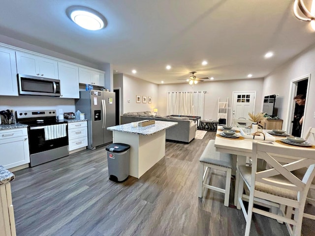 kitchen with a kitchen island, dark wood finished floors, recessed lighting, appliances with stainless steel finishes, and ceiling fan
