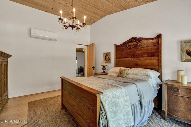 355 Cross Keys Ln, Ten Mile, TN 37880 - bedroom with a wall unit AC, wooden ceiling, a chandelier, light wood finished floors, and baseboards
