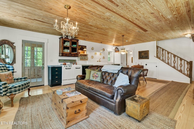 355 Cross Keys Ln, Ten Mile, TN 37880 - living area with wood ceiling, light wood-style floors, stairs, and a chandelier