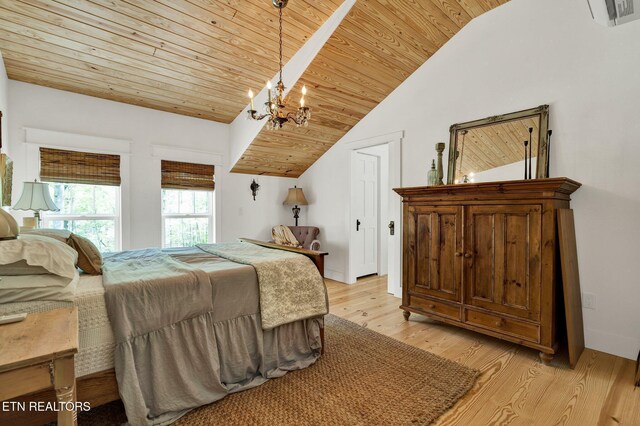 355 Cross Keys Ln, Ten Mile, TN 37880 - bedroom featuring wooden ceiling, light wood finished floors, lofted ceiling, and a chandelier
