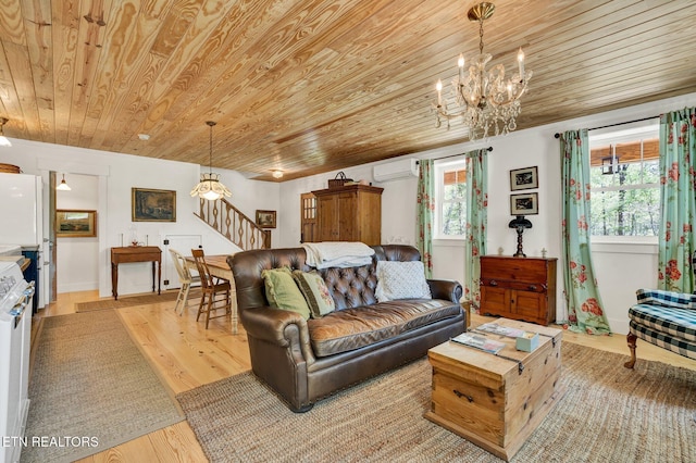 355 Cross Keys Ln, Ten Mile, TN 37880 - living room with wooden ceiling, stairs, a wall mounted AC, a chandelier, and light wood-style flooring
