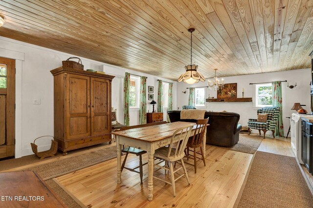 355 Cross Keys Ln, Ten Mile, TN 37880 - dining room with wooden ceiling, light wood-style flooring, and a chandelier