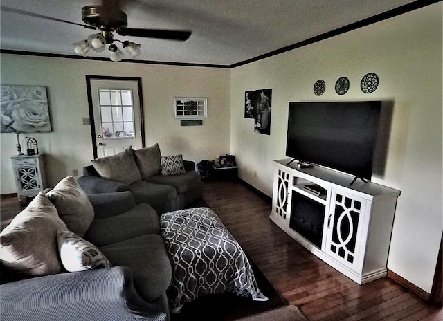 living room featuring ornamental molding, dark hardwood / wood-style floors, a textured ceiling, and ceiling fan